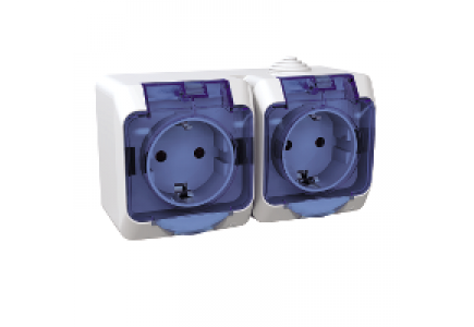 Cedar Plus WDE000525 - Cedar Plus - double socket-outlet sideE - 16A, shutters, transparent lid, white , Schneider Electric