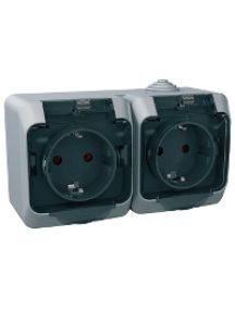 Cedar Plus WDE000625 - Cedar Plus - double socket-outlet sideE - 16A, shutters, transparent lid, grey , Schneider Electric