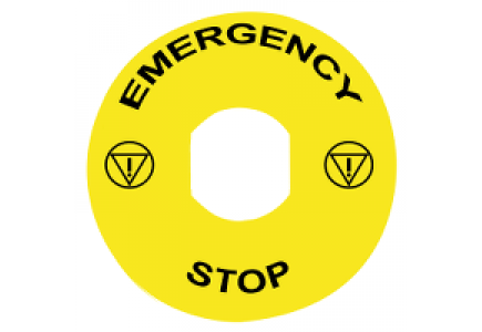 Harmony XB4 ZBY8330 - Harmony étiquette circulaire Ø90mm jaune - logo EN13850 - EMERGENCY STOP , Schneider Electric